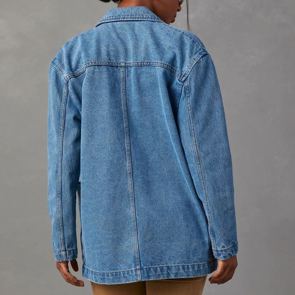 Dames Denim Blazer Met Revers En Knoopsluiting