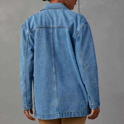 Dames Denim Blazer Met Revers En Knoopsluiting