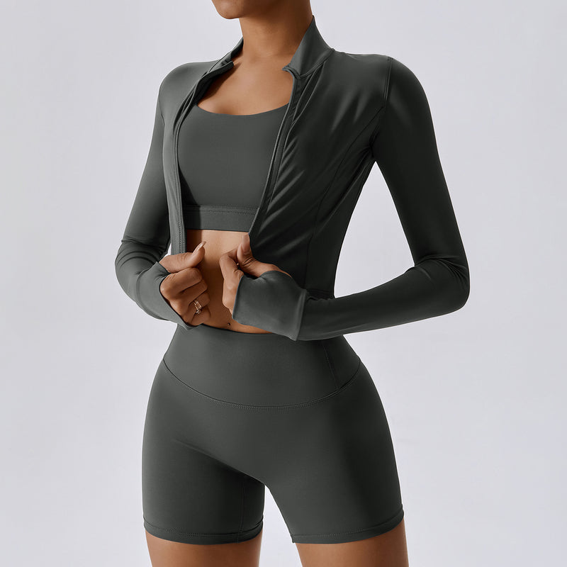 Dames 3-Delige Sportset Met Cropped Jasje, Sport-BH En Hoge Taille Shorts