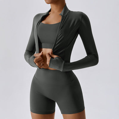 Dames 3-Delige Sportset Met Cropped Jasje, Sport-BH En Hoge Taille Shorts