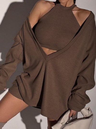 Dames Geribbelde Gebreide Sweater Met V-Hals En Losse Pasvorm