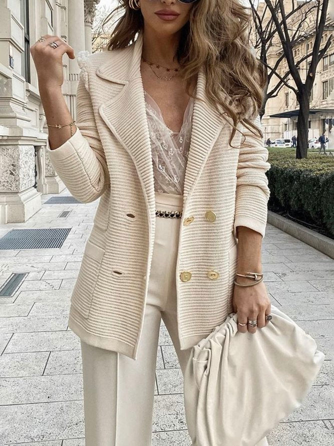 Dames Gebreide Blazer Met Dubbele Rij Knopen En Lange Mouwen