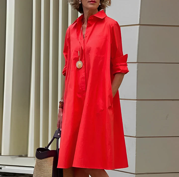 Dames Blouse Jurk Met Lange Mouwen En Knoopsluiting