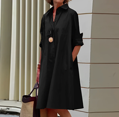 Dames Blouse Jurk Met Lange Mouwen En Knoopsluiting
