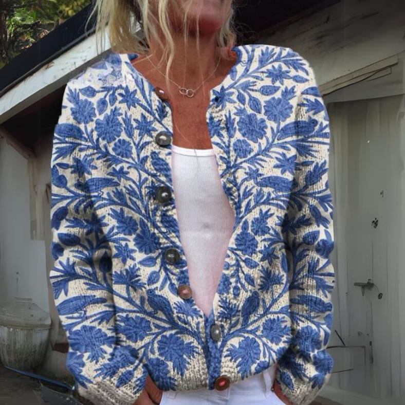 Dames Gebreide Cardigan Met Bloemenprint En Knopen