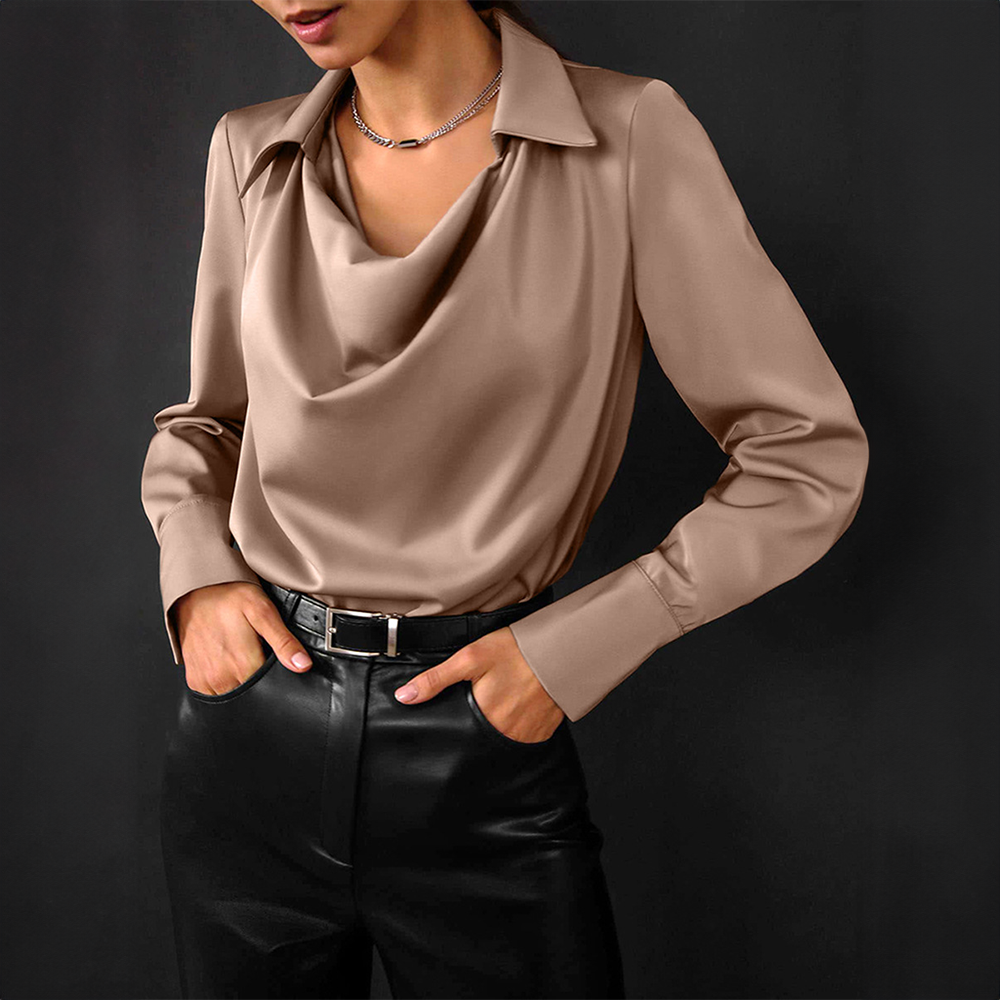 Dames Blouse Effen Met Lange Mouwen En Watervalhals
