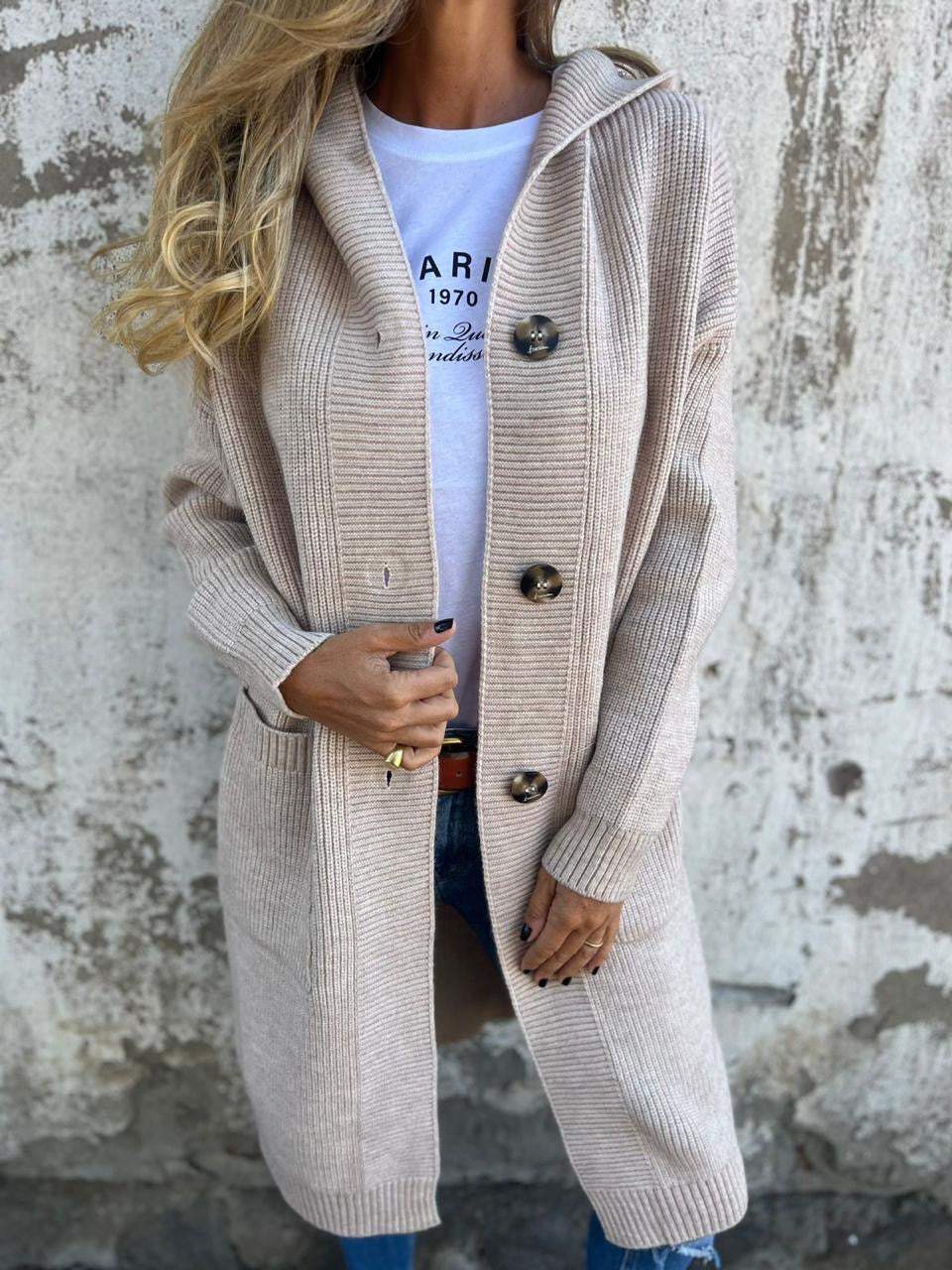 Dames Lange Zachte Gebreide Cardigan Met Knopen En Zakken