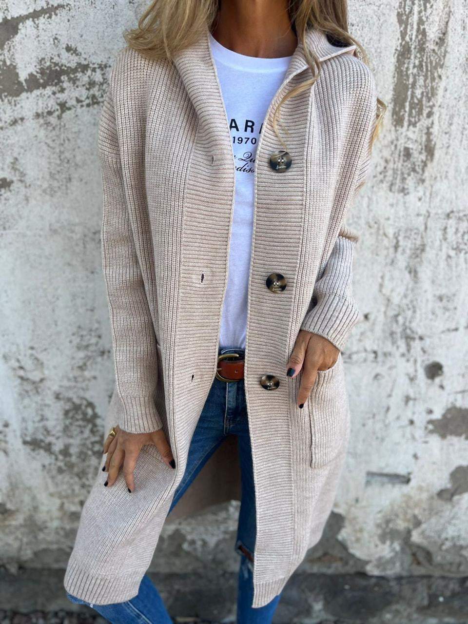 Dames Lange Zachte Gebreide Cardigan Met Knopen En Zakken