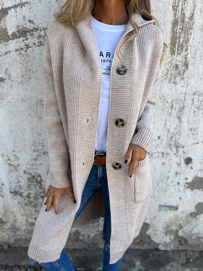 Dames Lange Zachte Gebreide Cardigan Met Knopen En Zakken