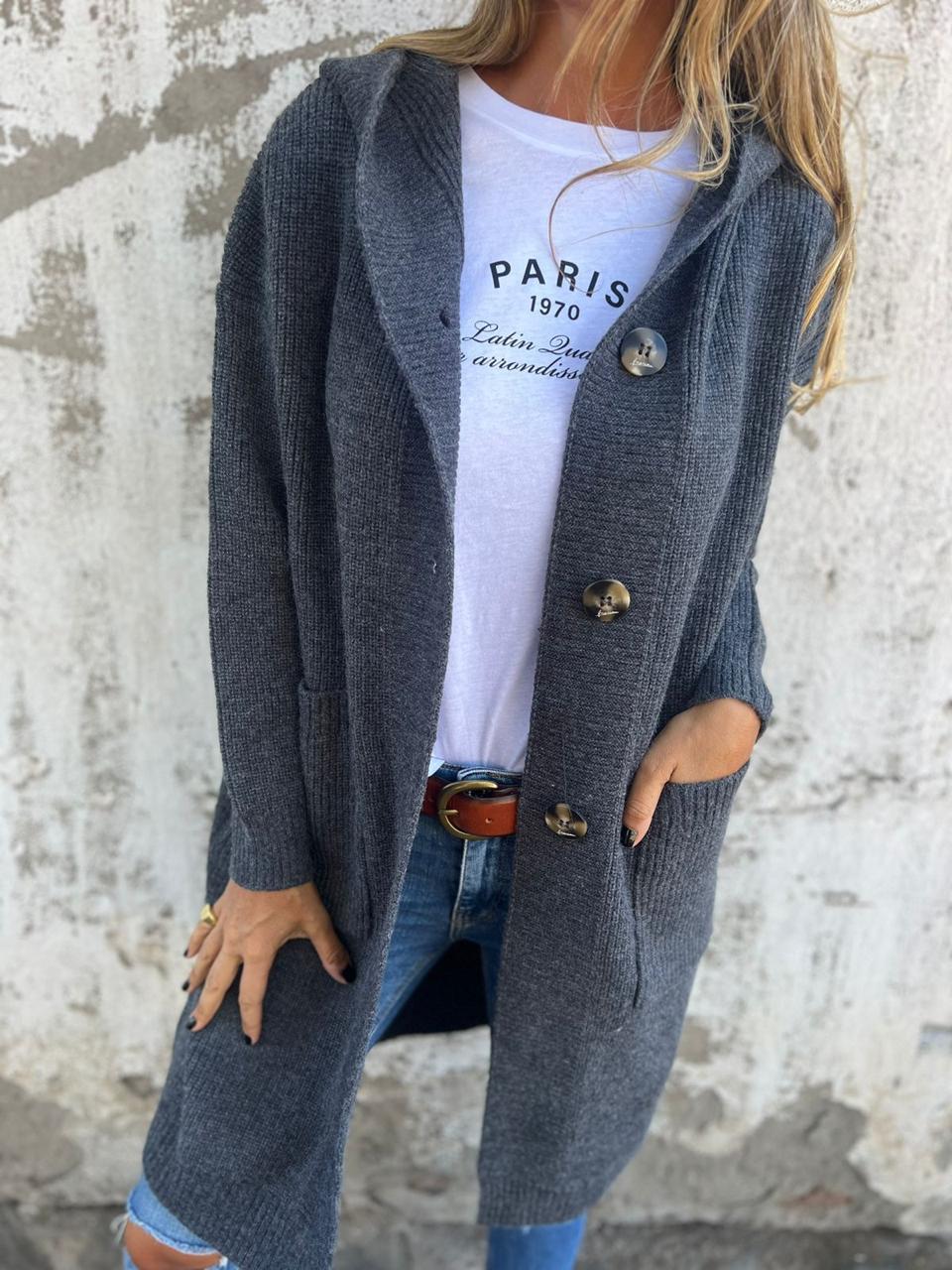 Dames Lange Zachte Gebreide Cardigan Met Knopen En Zakken