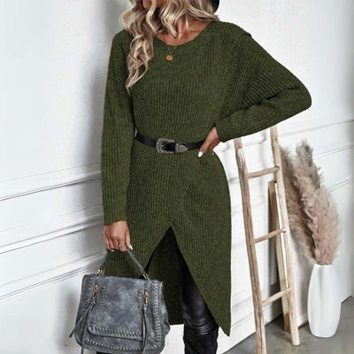 Dames Lange Gebreide Trui Jurk Met Asymmetrische Zoom En Lange Mouwen