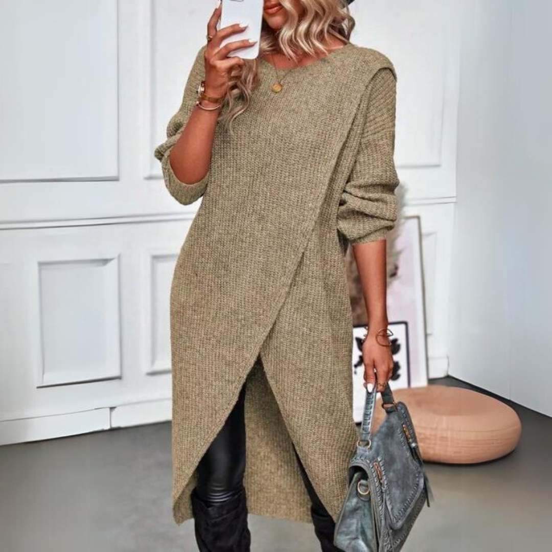 Dames Lange Gebreide Trui Jurk Met Asymmetrische Zoom En Lange Mouwen