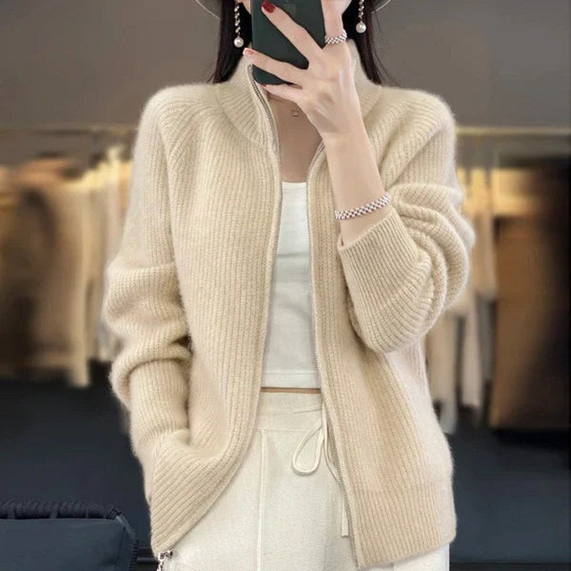 Dames Luxe Gebreide Cardigan Met Rits En Hoge Kraag