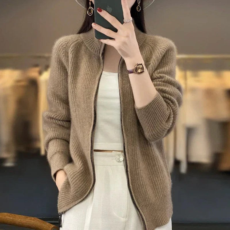 Dames Luxe Gebreide Cardigan Met Rits En Hoge Kraag