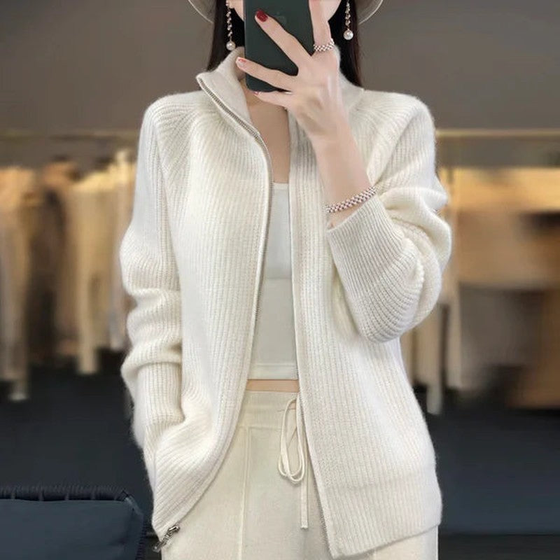 Dames Luxe Gebreide Cardigan Met Rits En Hoge Kraag