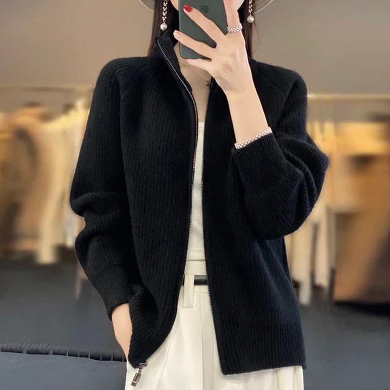 Dames Luxe Gebreide Cardigan Met Rits En Hoge Kraag