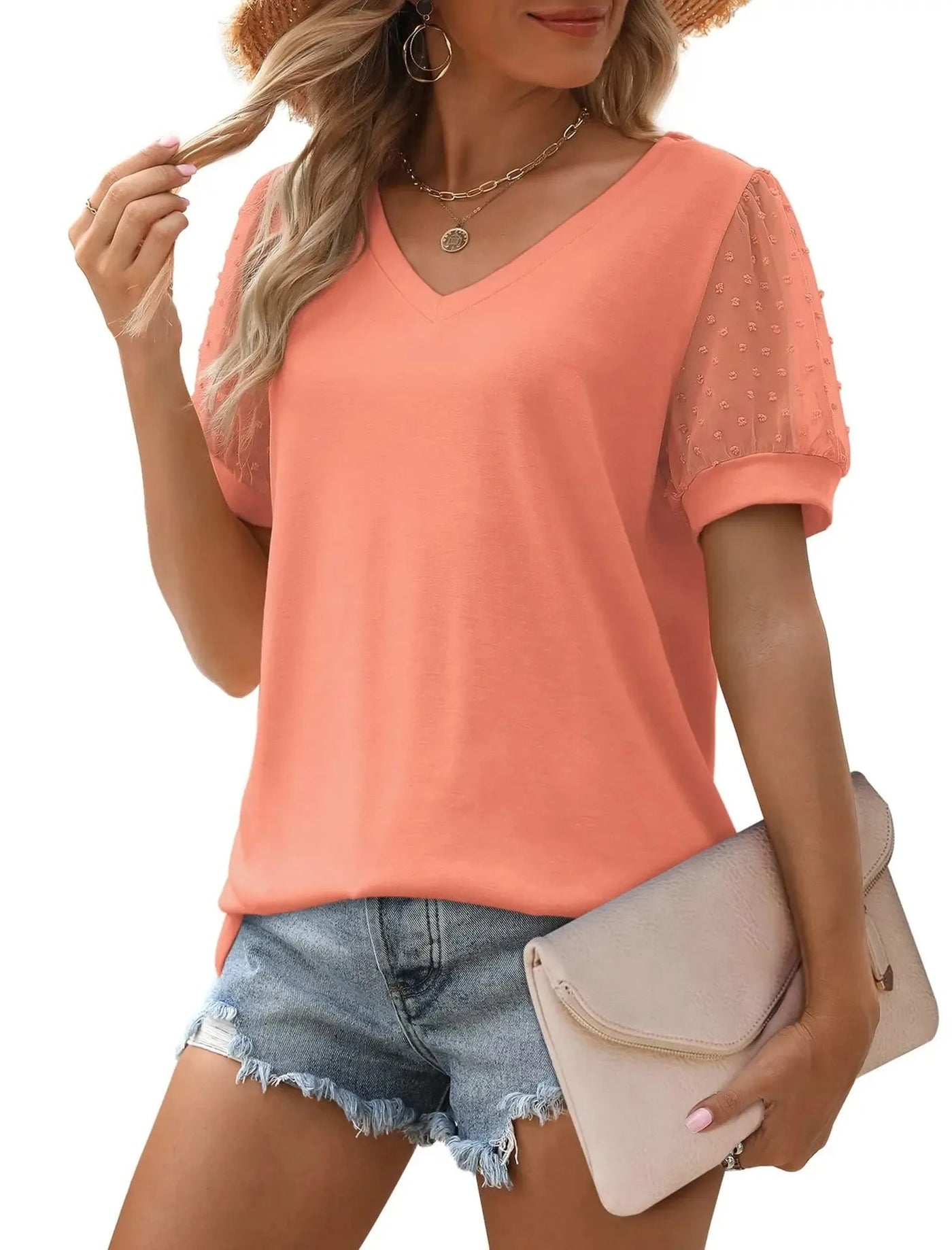 Dames Elegante V-Hals Blouse Met Korte Transparante Mouwen