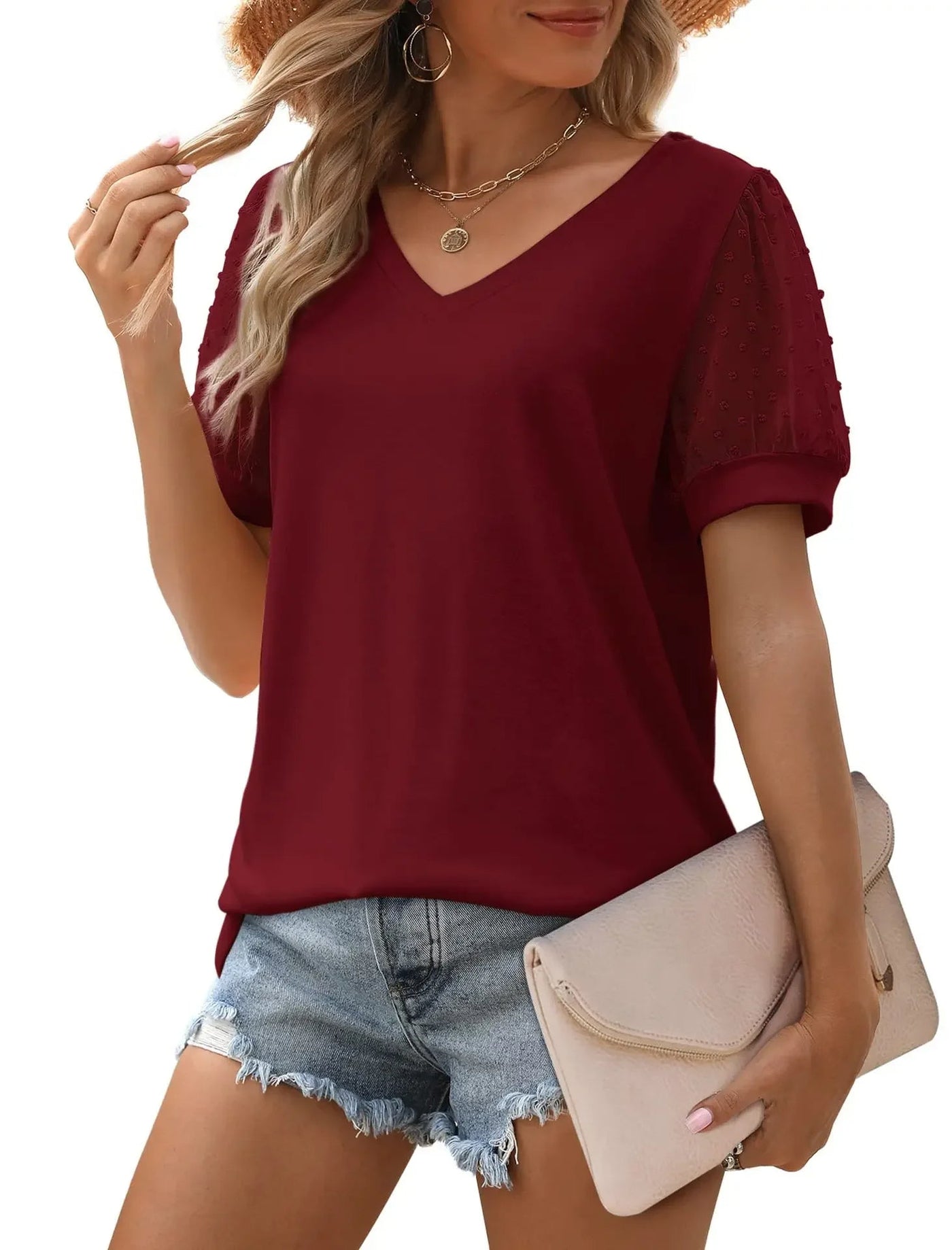 Dames Elegante V-Hals Blouse Met Korte Transparante Mouwen