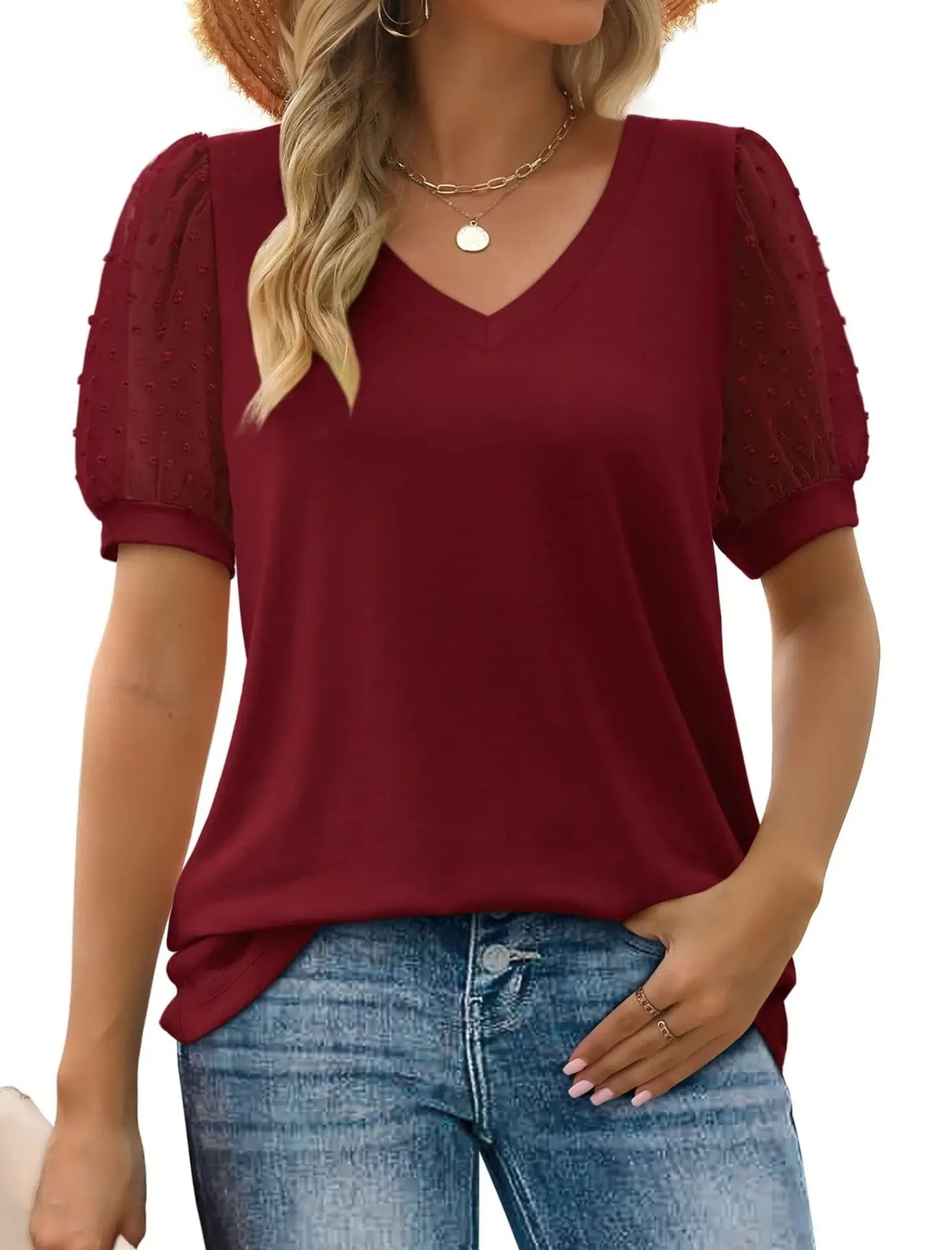 Dames Elegante V-Hals Blouse Met Korte Transparante Mouwen