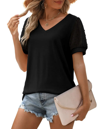 Dames Elegante V-Hals Blouse Met Korte Transparante Mouwen