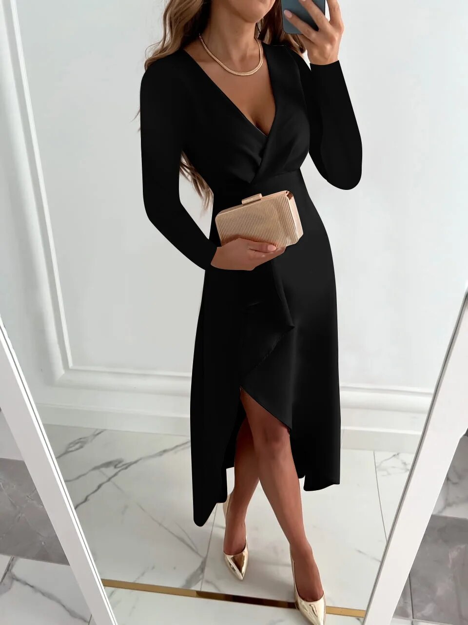 Dames Midi Jurk Met V-Hals En Asymmetrische Zoom