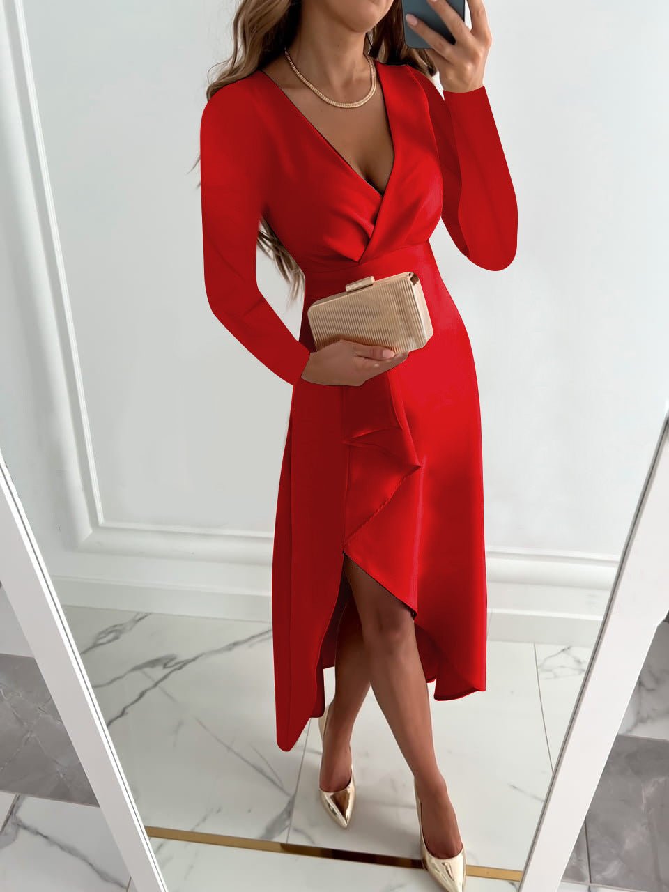 Dames Midi Jurk Met V-Hals En Asymmetrische Zoom