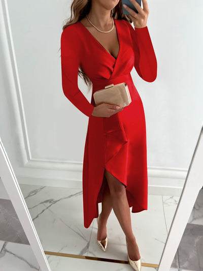 Dames Midi Jurk Met V-Hals En Asymmetrische Zoom