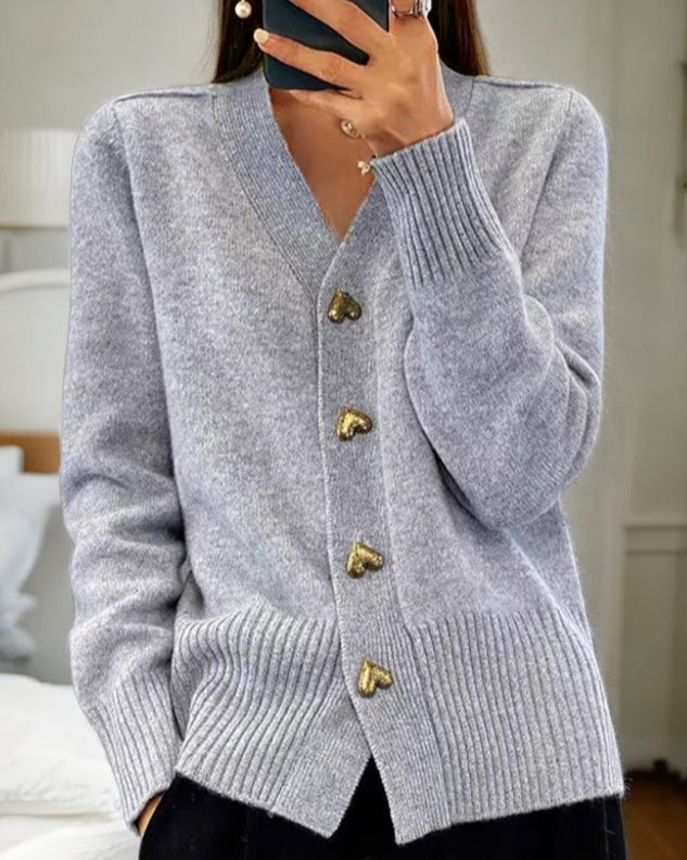 Dames Casual Gebreide Cardigan Met V-Hals En Hartvormige Knopen