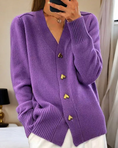 Dames Casual Gebreide Cardigan Met V-Hals En Hartvormige Knopen