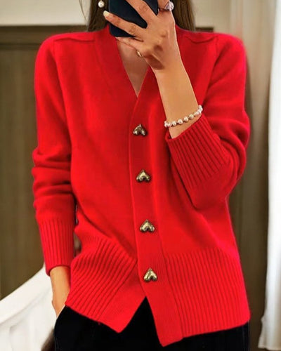 Dames Casual Gebreide Cardigan Met V-Hals En Hartvormige Knopen