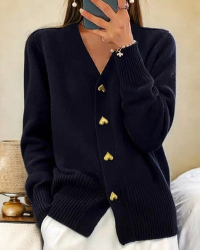 Dames Casual Gebreide Cardigan Met V-Hals En Hartvormige Knopen