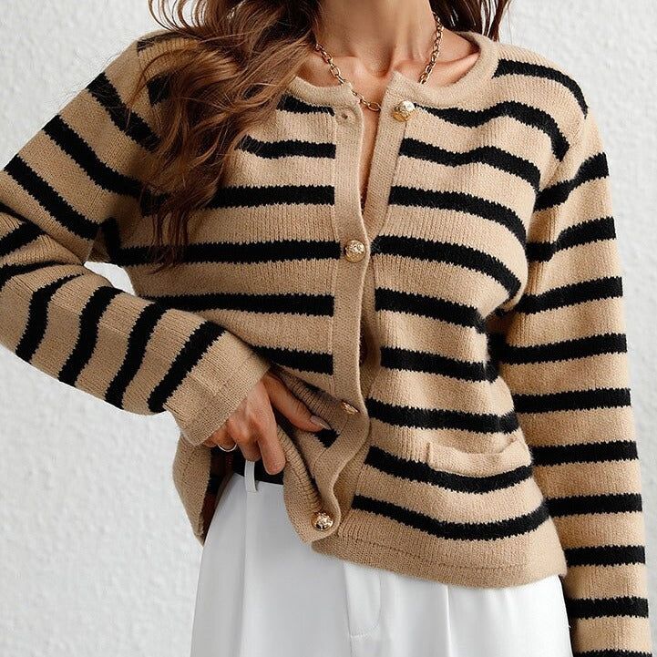 Dames Gestreepte Cardigan Met Knoopsluiting En Zachte Stof