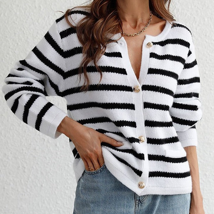 Dames Gestreepte Cardigan Met Knoopsluiting En Zachte Stof