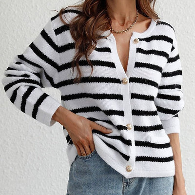 Dames Gestreepte Cardigan Met Knoopsluiting En Zachte Stof