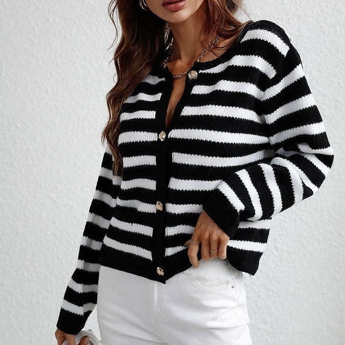 Dames Gestreepte Cardigan Met Knoopsluiting En Zachte Stof