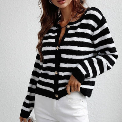 Dames Gestreepte Cardigan Met Knoopsluiting En Zachte Stof