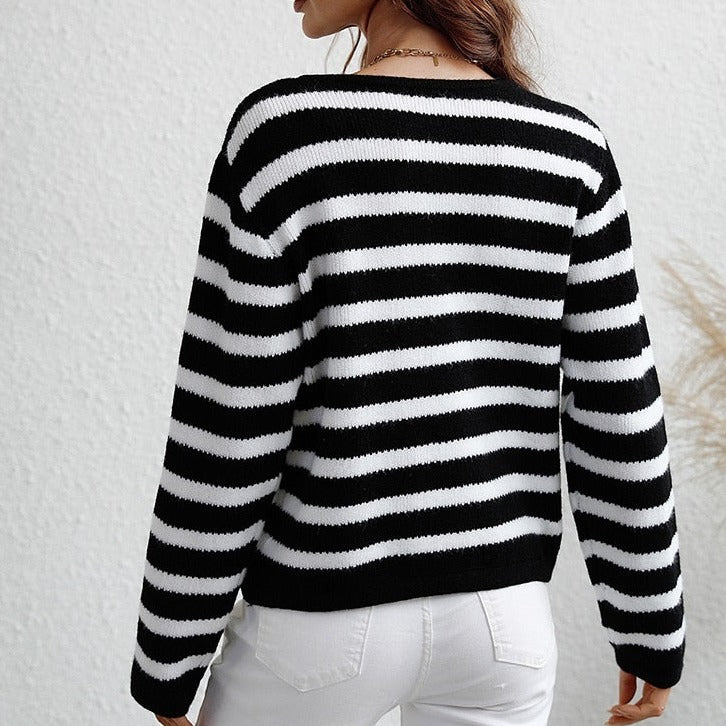 Dames Gestreepte Cardigan Met Knoopsluiting En Zachte Stof