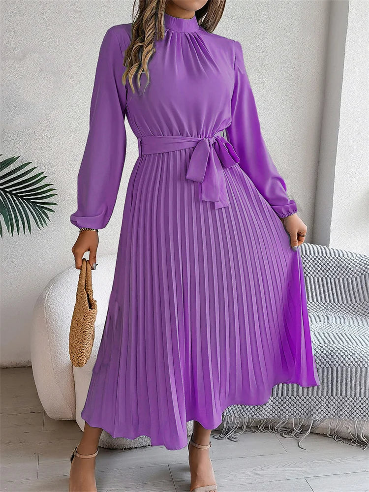 Dames Elegante Maxi Geplooide Jurk Met Staande Kraag