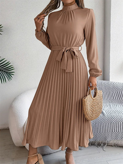 Dames Elegante Maxi Geplooide Jurk Met Staande Kraag