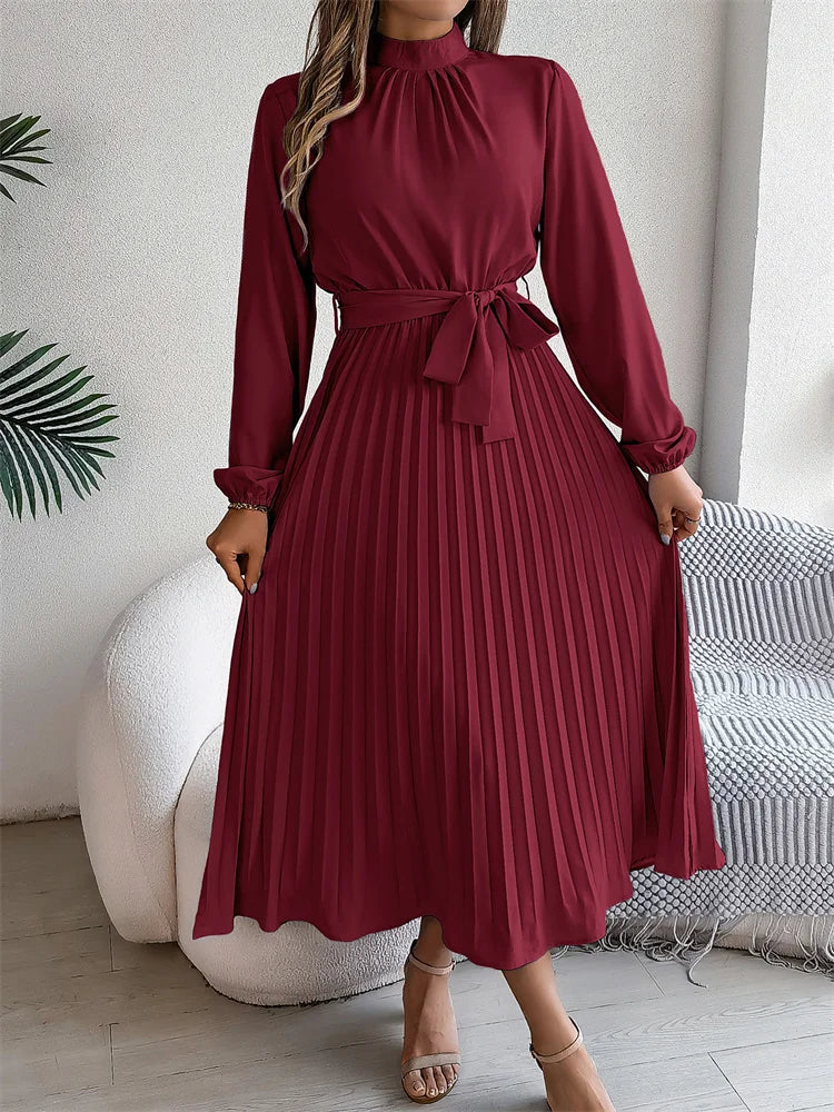 Dames Elegante Maxi Geplooide Jurk Met Staande Kraag