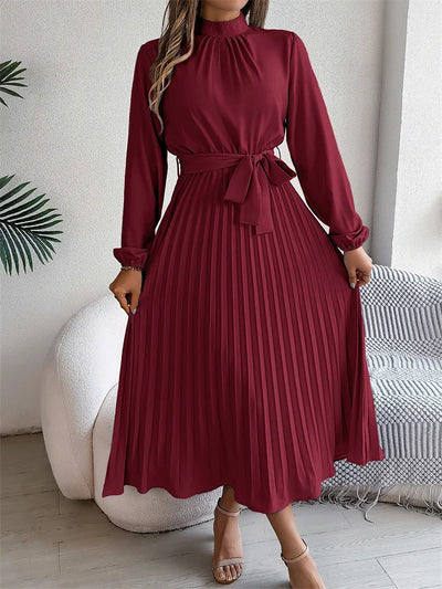 Dames Elegante Maxi Geplooide Jurk Met Staande Kraag