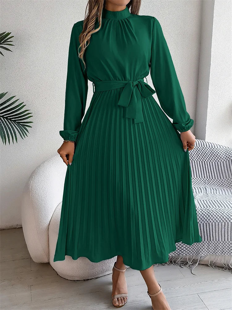 Dames Elegante Maxi Geplooide Jurk Met Staande Kraag