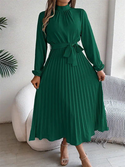 Dames Elegante Maxi Geplooide Jurk Met Staande Kraag