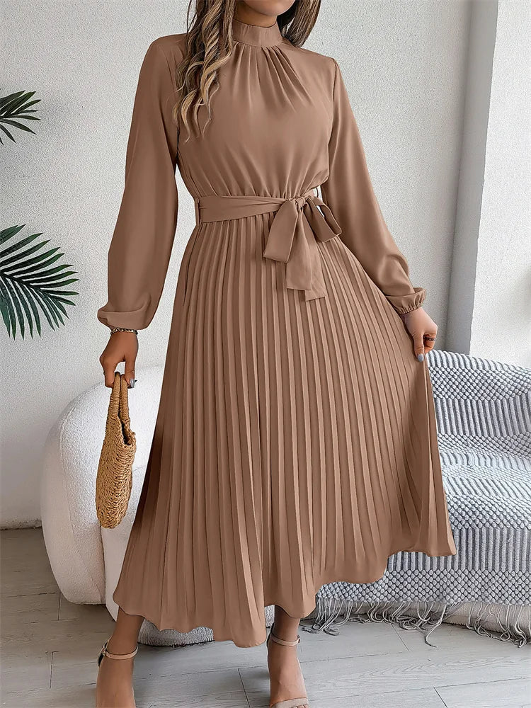 Dames Elegante Maxi Geplooide Jurk Met Staande Kraag