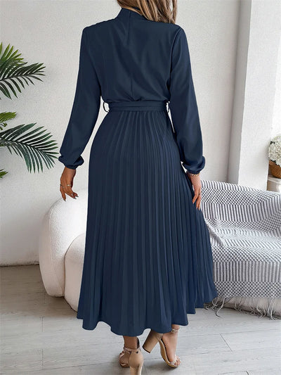Dames Elegante Maxi Geplooide Jurk Met Staande Kraag