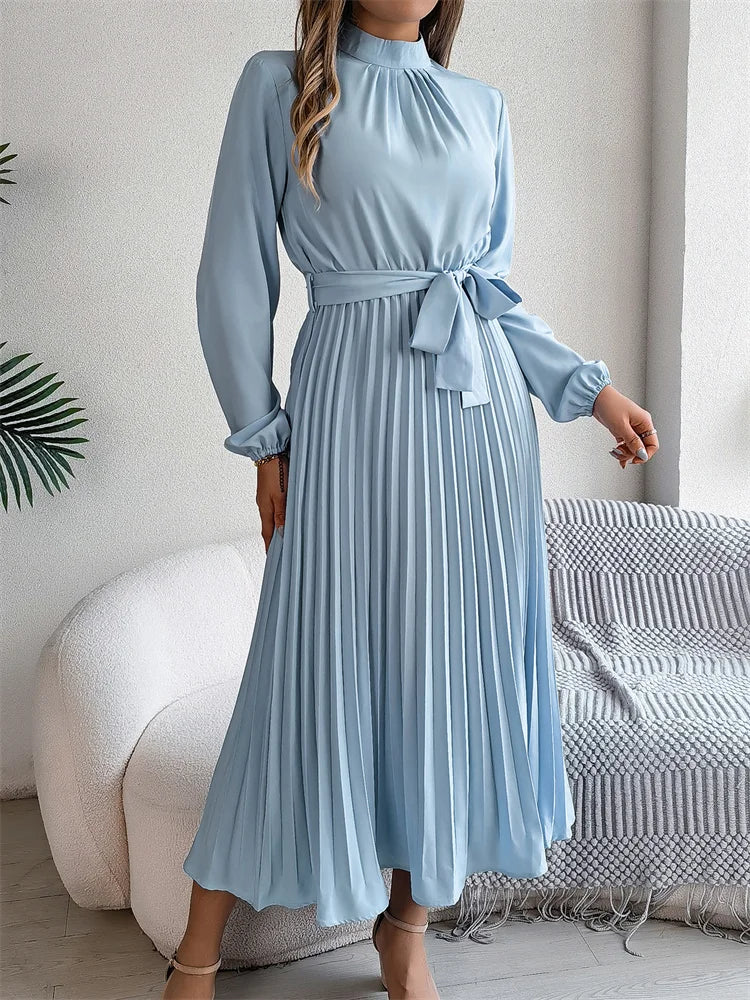 Dames Elegante Maxi Geplooide Jurk Met Staande Kraag