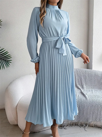Dames Elegante Maxi Geplooide Jurk Met Staande Kraag