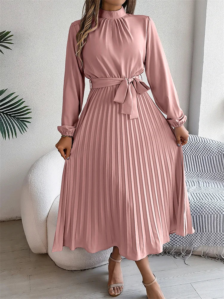 Dames Elegante Maxi Geplooide Jurk Met Staande Kraag
