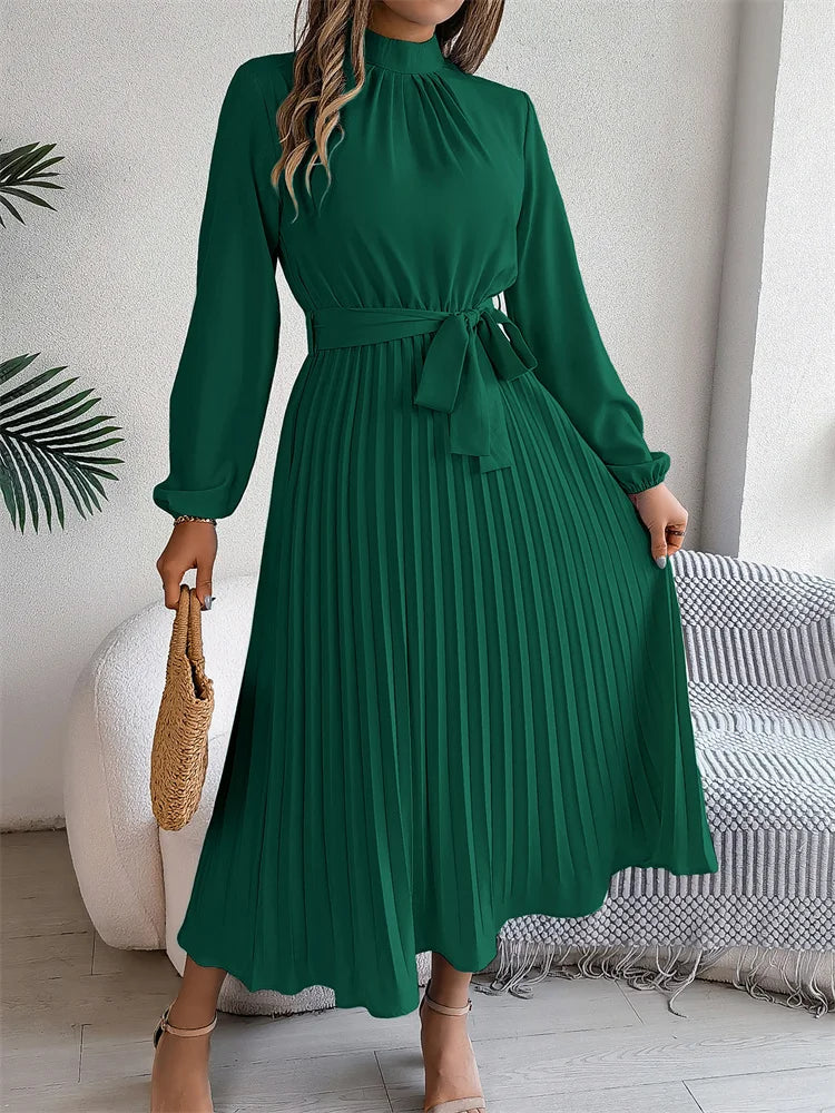 Dames Elegante Maxi Geplooide Jurk Met Staande Kraag