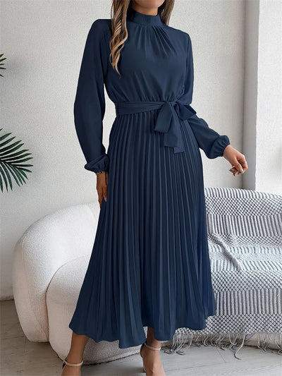 Dames Elegante Maxi Geplooide Jurk Met Staande Kraag